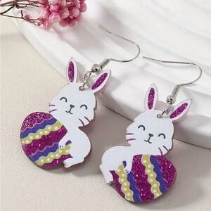 Cute Colorful Easter Bunny With Eggs Acrylic Drop Earrings